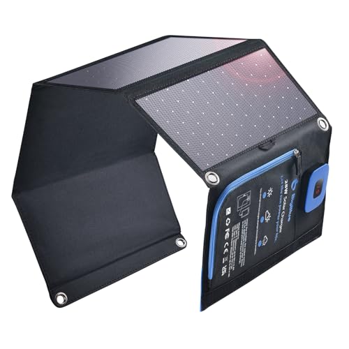 BigBlue Portable Solar Charger 28W with Digital Ammeter,25.4% High-Efficiency, USB-A/USB-C Ports, Folding Waterproof Solar Panels with Carabiners for Camping, Backpacking, Phones,