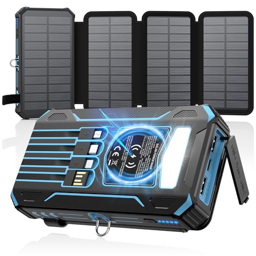 SOARAISE Solar Charger Power Bank - 48000mAh Wireless Portable Charger Built-in 4 Cables and 4 Solar Panels, PD QC 3.0 Fast Charging USB C Battery Pack with Flashlight for Camping Travel (Blue)