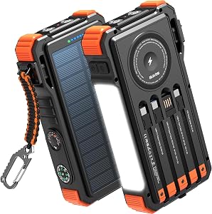 BLAVOR Solar Power Bank 20000mAh Built-in Cables, Wireless Charger for Phones & Apple 