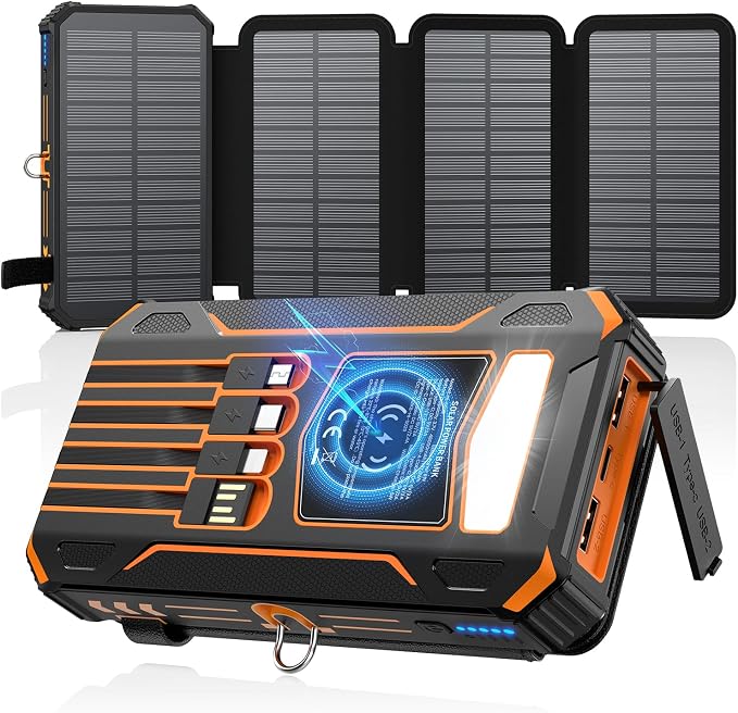 SOARAISE Solar Charger Power Bank - 48000mAh Wireless Portable Charger Built-in 4 Cables and 4 Solar Panels, PD QC 3.0 Fast Charging USB C Battery Pack with Flashlight for Camping 